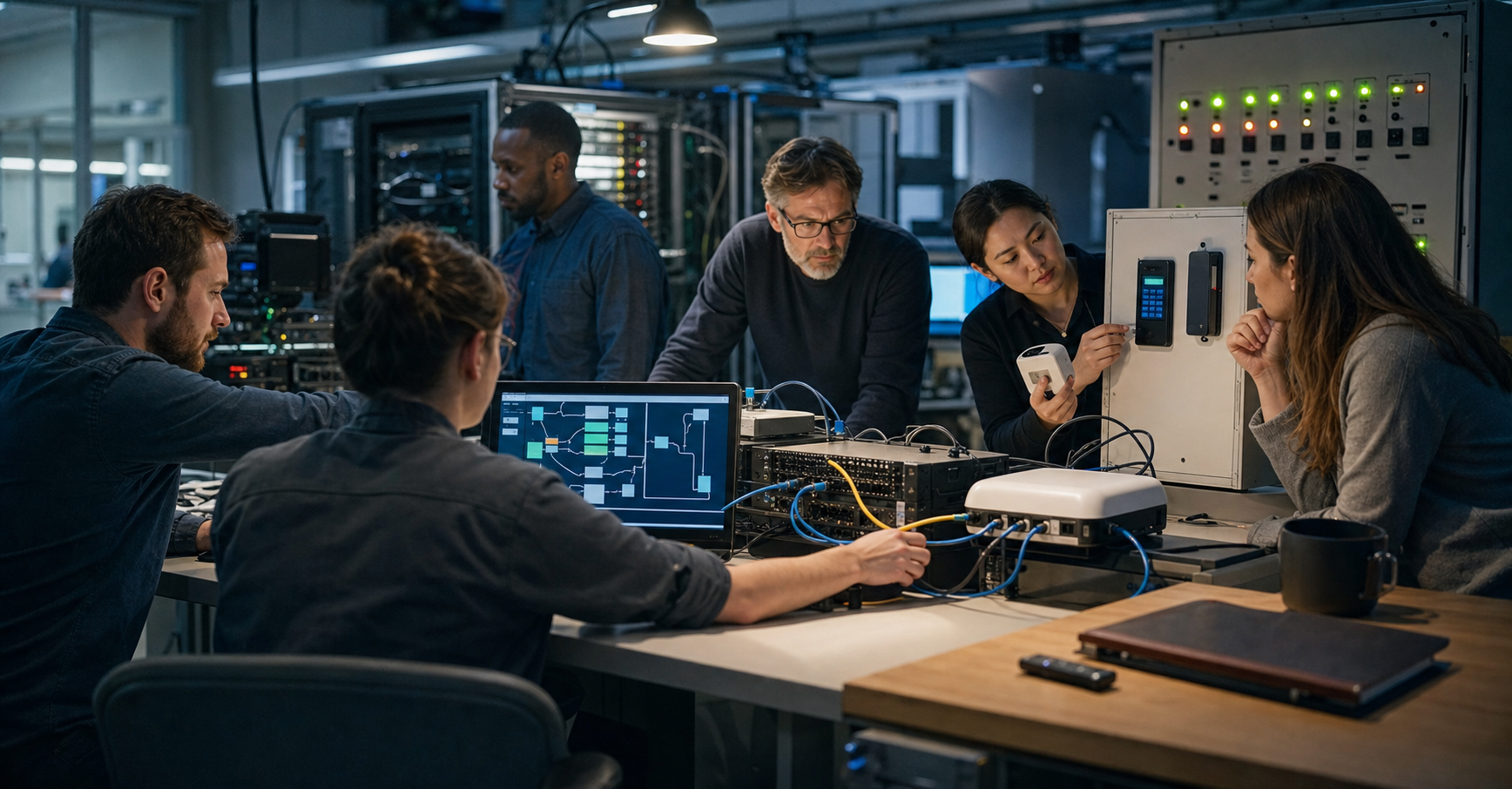 Engineers, security specialists, and operations staff collaborate on a live integration test between legacy hardware and a modern gateway.