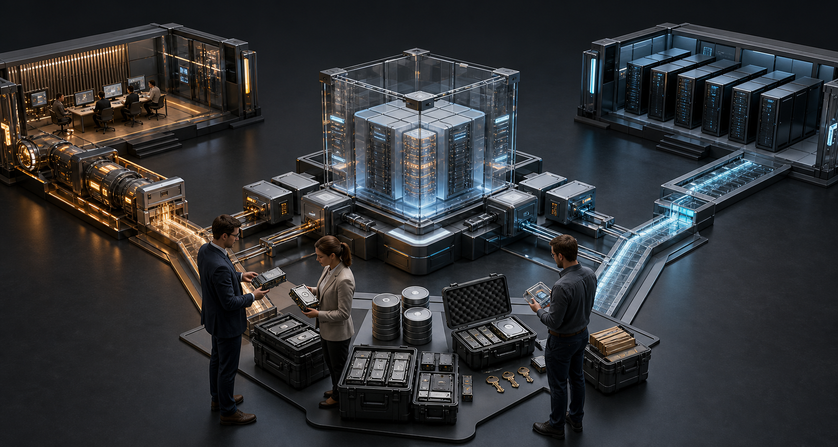 A team inspects a modular enterprise platform with a secure data vault, operational controls, backups, and a separate migration route.