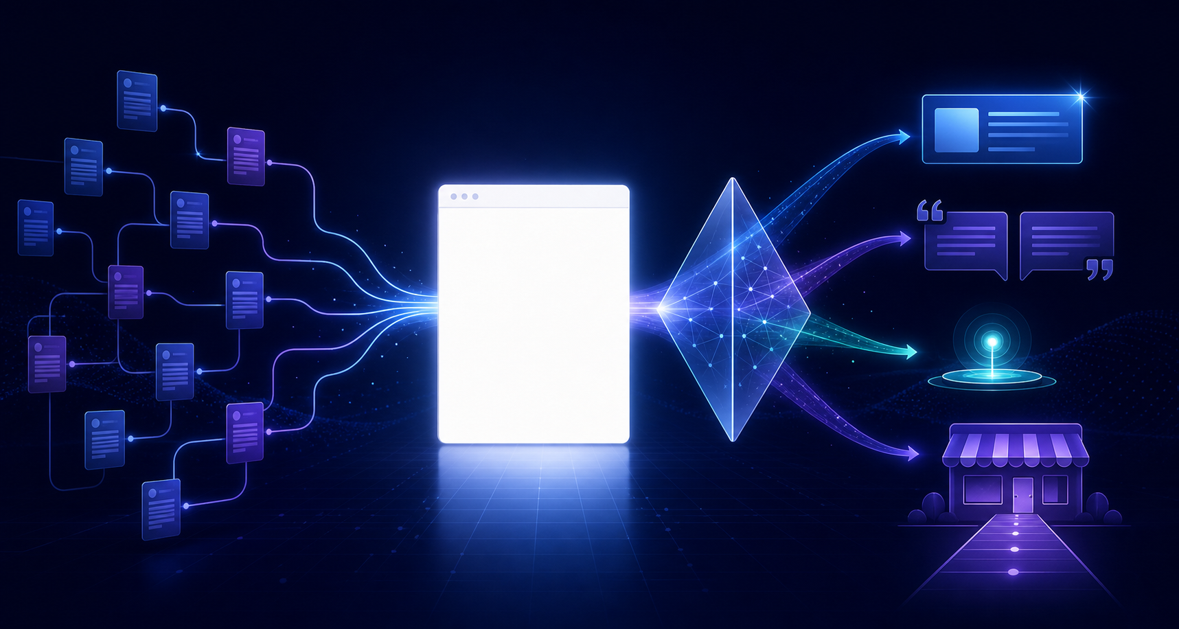 A glowing web page tile connects a network of search pathways to source, quotation, recommendation, and destination symbols.