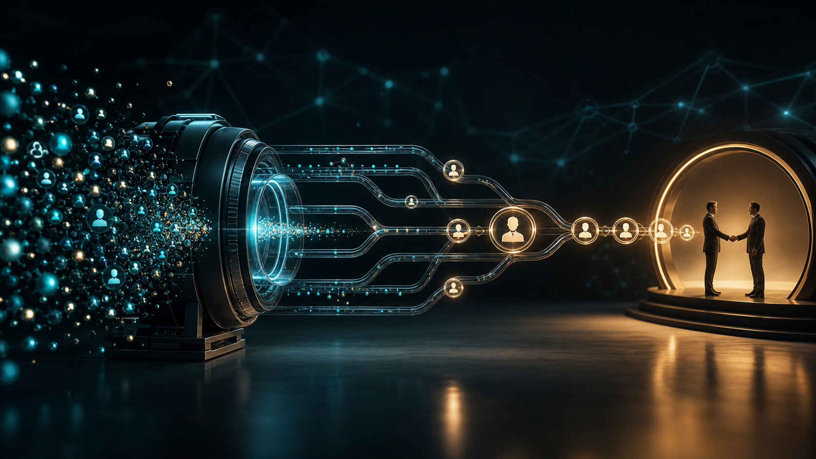 A digital acquisition system filters many glowing signals into a few qualified lead profiles moving toward a business handshake.