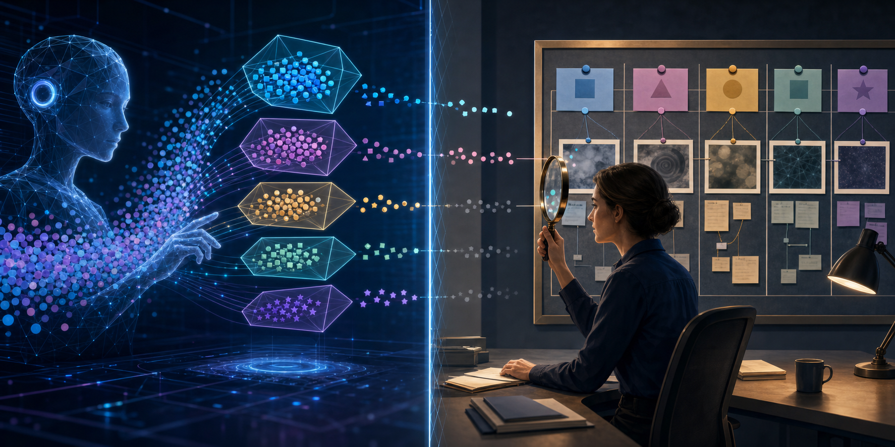 An analyst reviews selected data clusters while an abstract AI system sorts a larger field of anonymous signals.