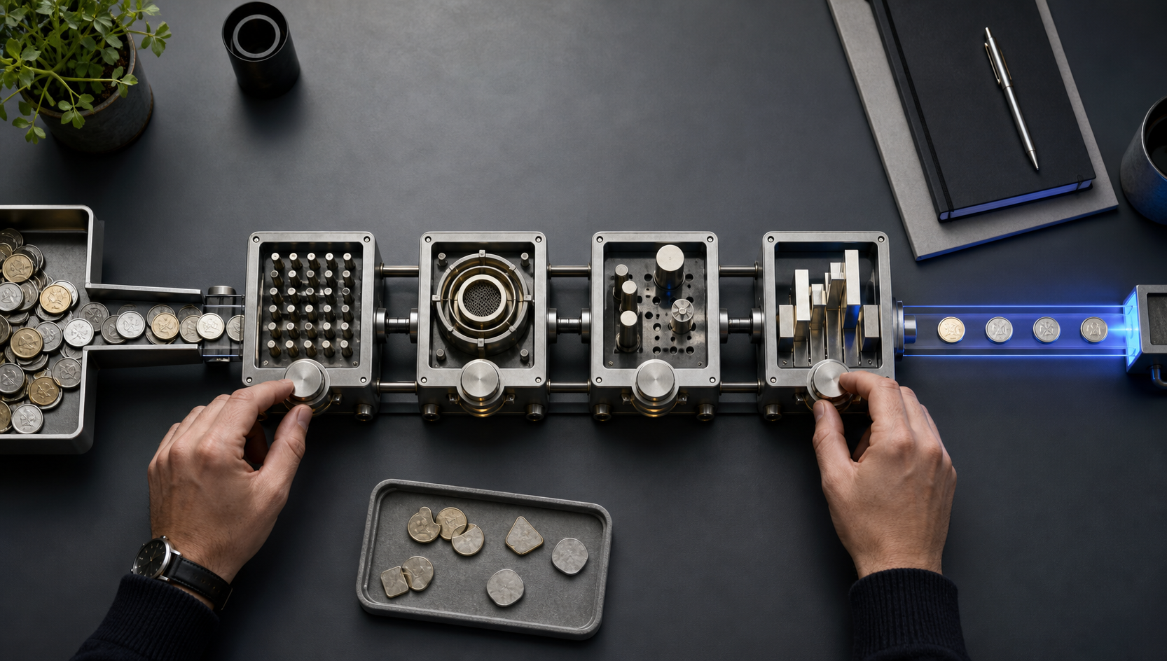 Hands pause a flow of coins while adjusting a lead-generation system that separates rejected tokens from suitable ones.