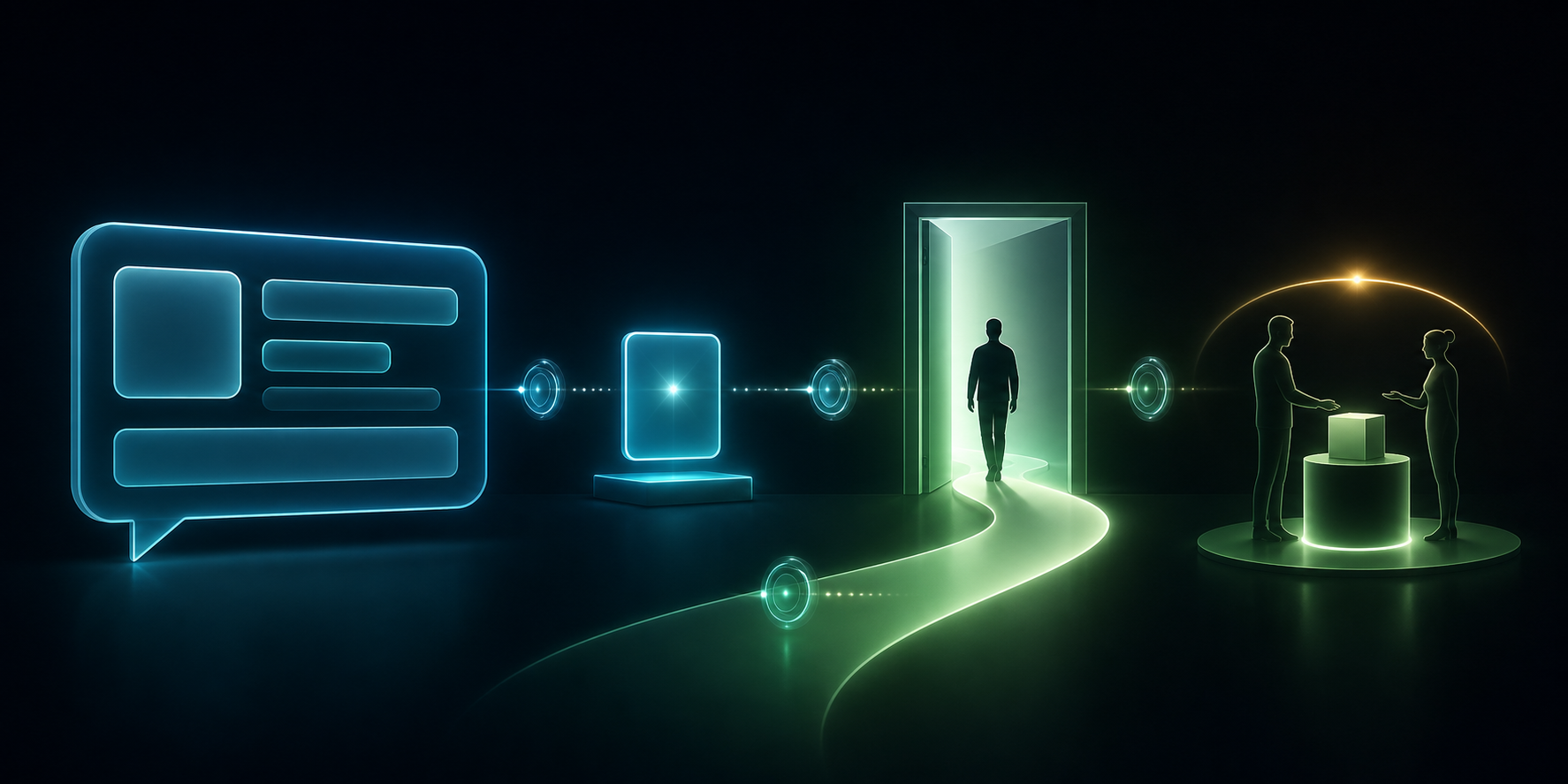 A glowing path leads from an abstract answer panel through a source tile and visitor doorway to a completed product interaction.