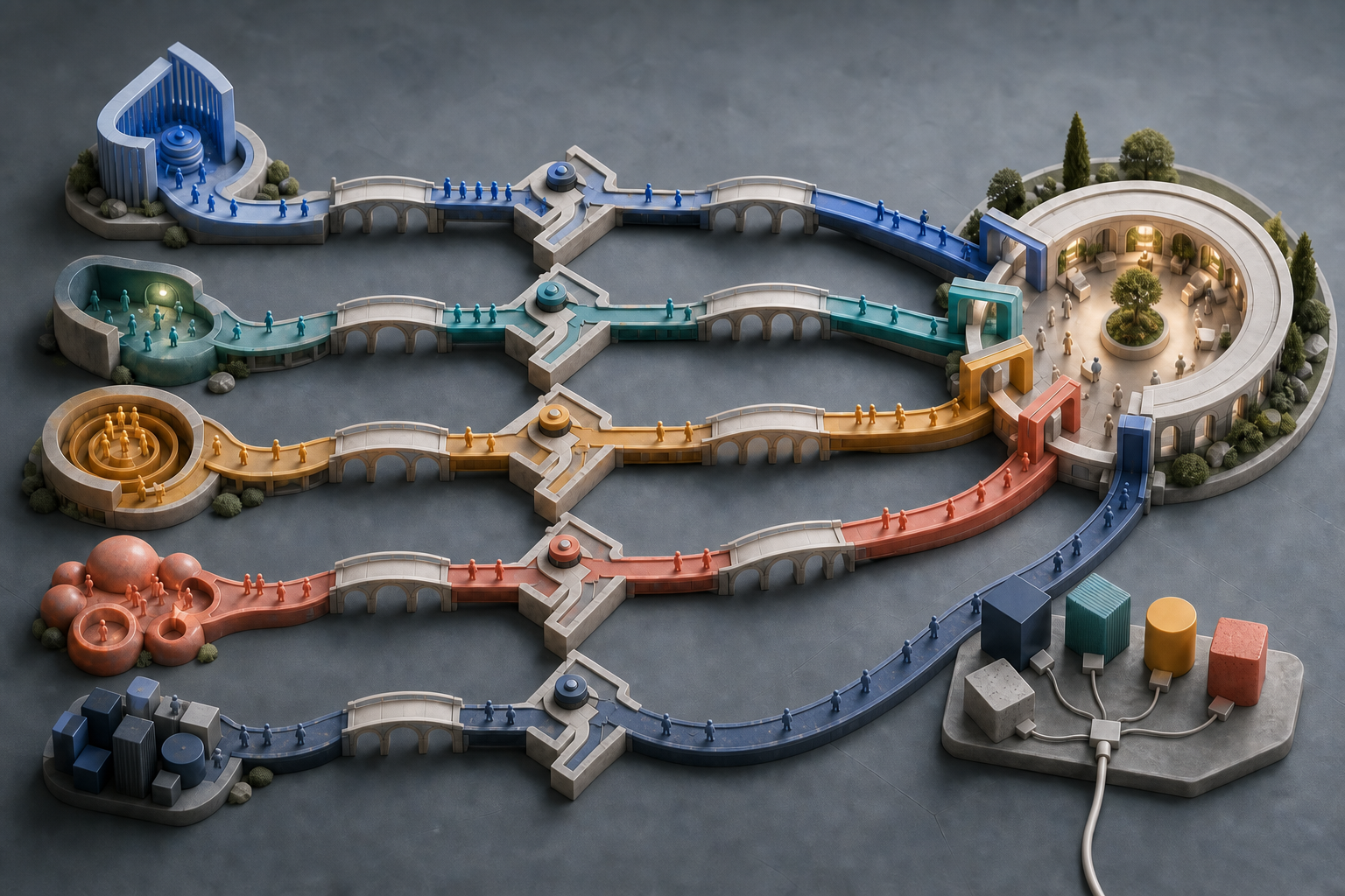 Several independent routes lead toward one customer destination while a cluster of control boxes converges into a single narrow cable.
