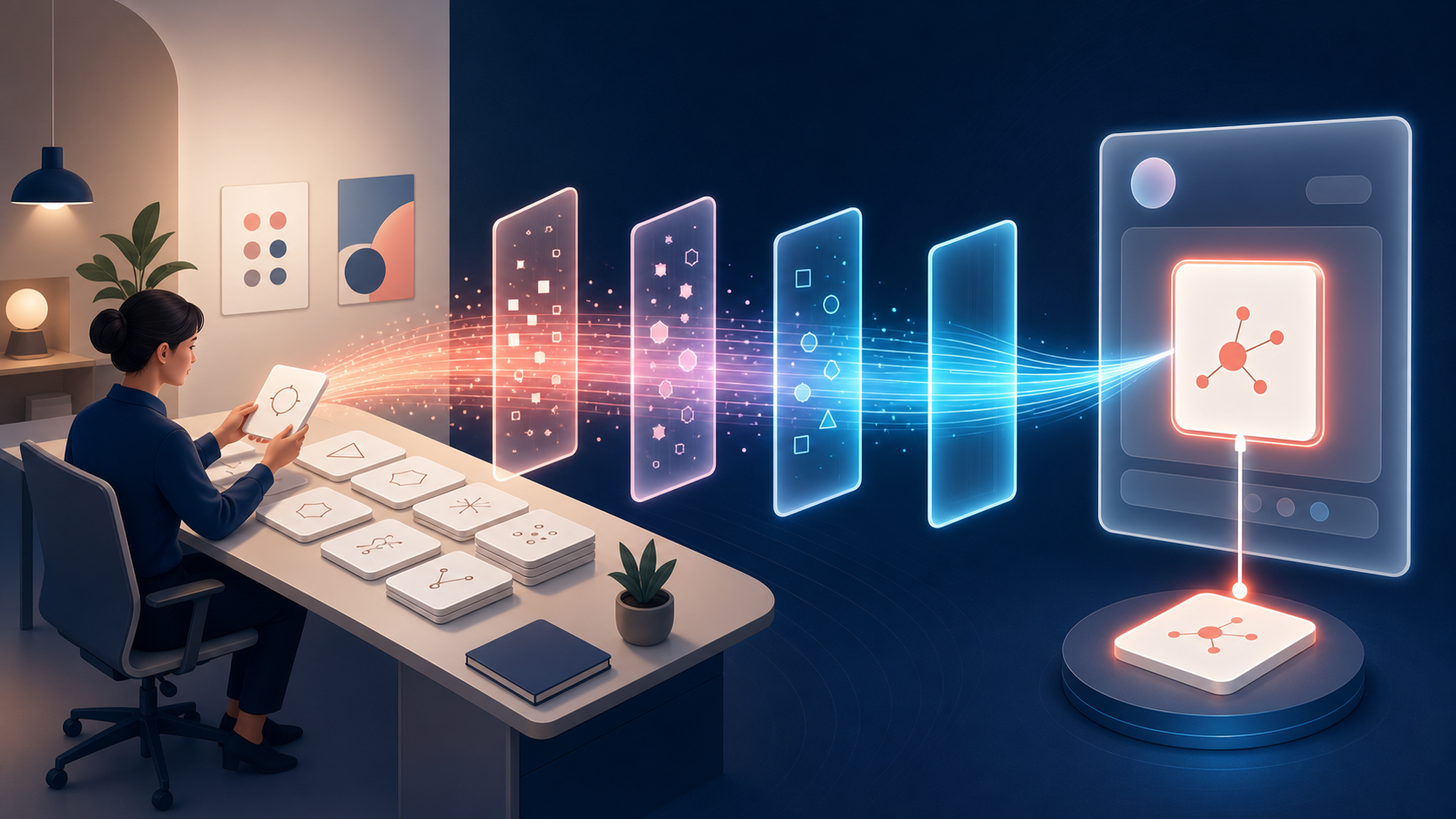 An editor arranges content cards that pass through four illuminated gateways into a conversational search response linked to a source.