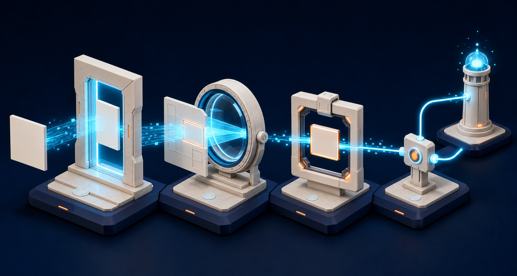 A document passes through an access portal, a retrieval lens, an extraction frame, and a source-attribution junction.