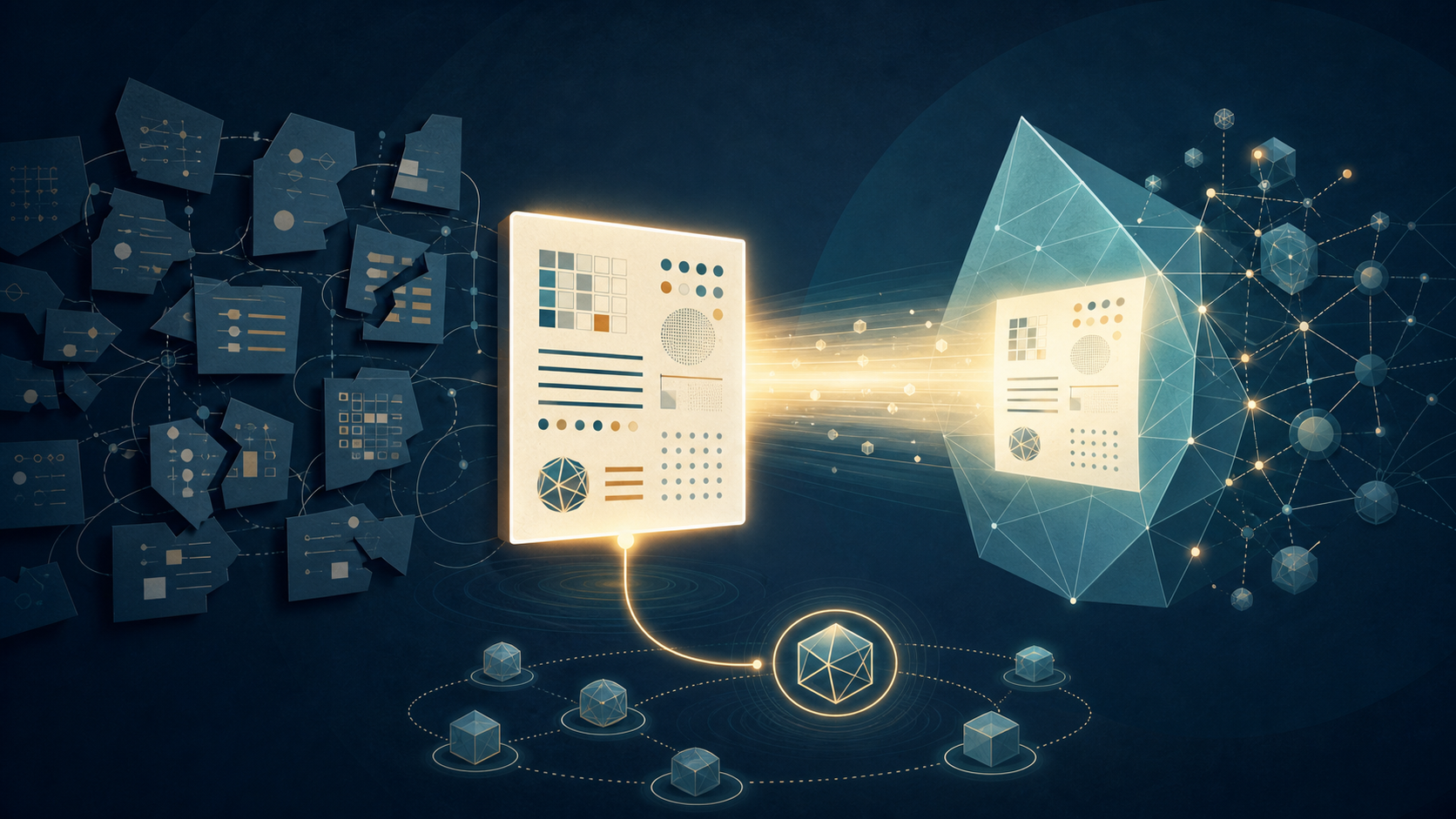 A complete content block is retrieved from fragmented material and linked through a glowing line to a distinct source entity.