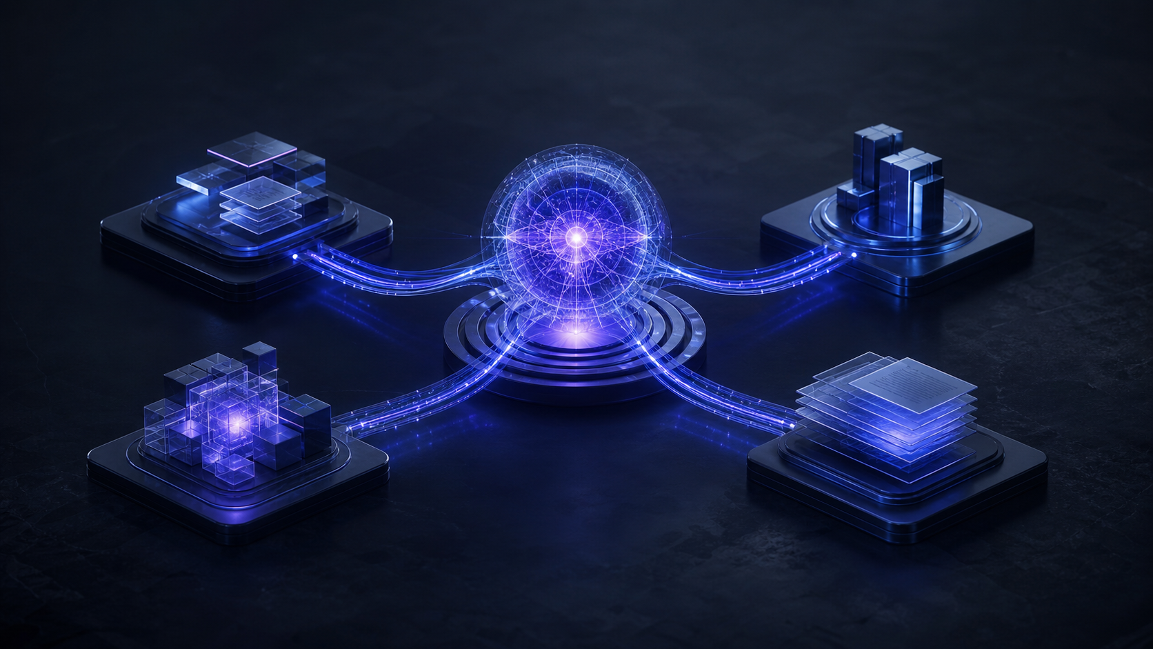 A glowing artificial intelligence core connected to modular research, strategy, automation, and document-work nodes in a dark digital environment.