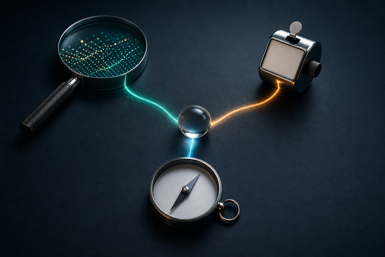Three analytical instruments converge on a glass sphere, symbolizing the use of multiple signals before diagnosing a decline.
