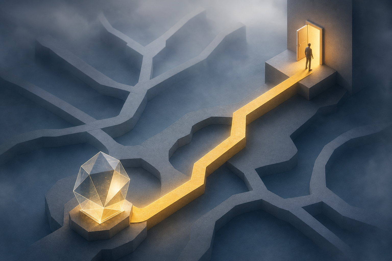 A glowing route links a faceted object to a person at an open doorway while other paths disappear into fog.