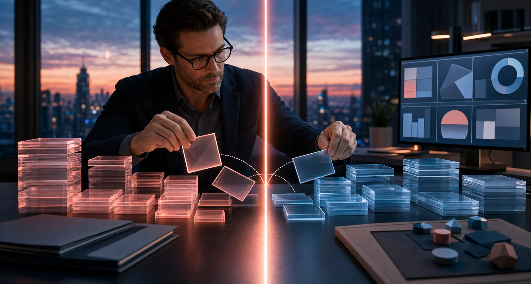 An analyst reorganizes abstract data tiles into separate groups on either side of a glowing reporting boundary.