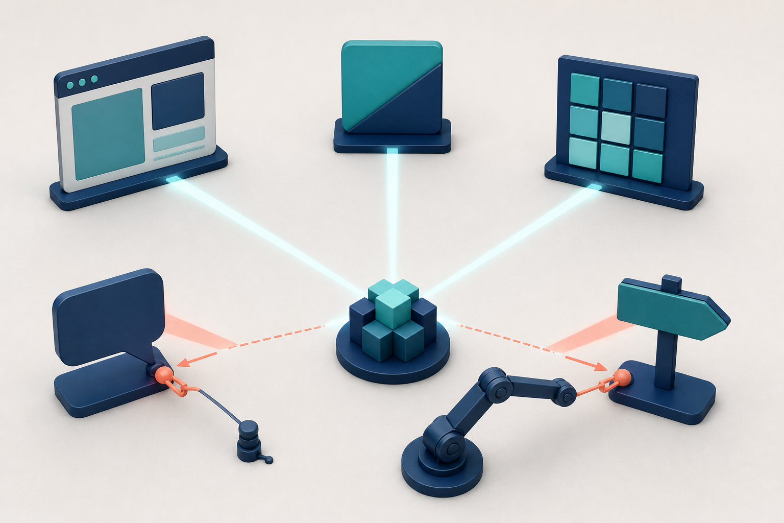 Abstract digital touchpoints on an inspection table project mostly aligned beams toward one central model as a calibration tool adjusts two outliers.