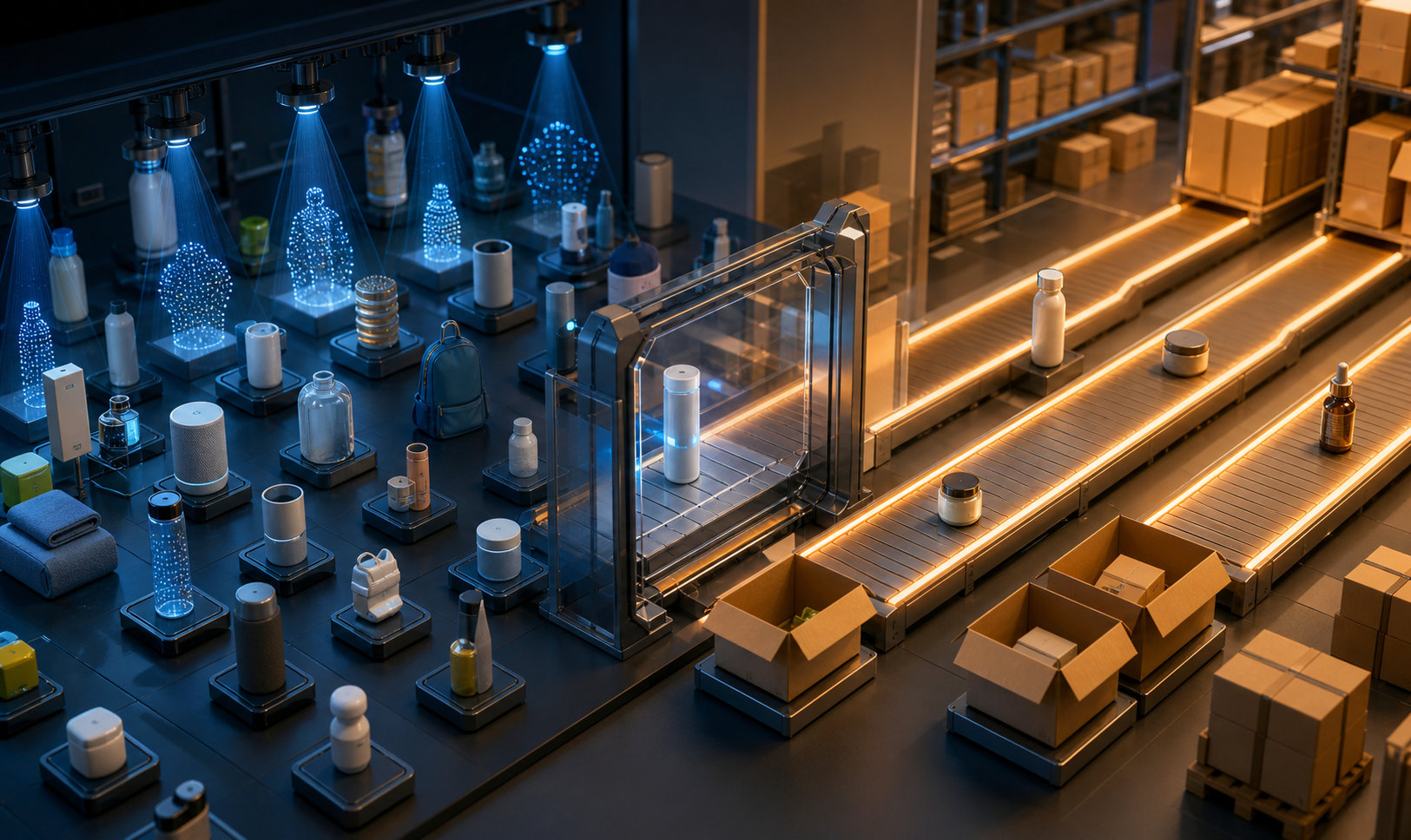 An exploration area tests many generic products while a gated passage leads selected products into orderly fulfillment lanes.