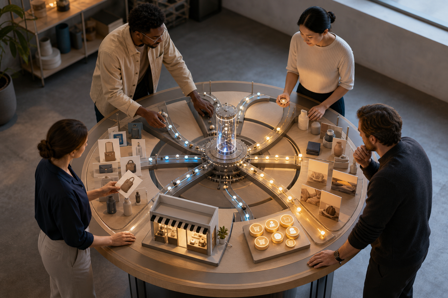 Four professionals surround a circular control table, reviewing product, creative, storefront, and conversion inputs around an automated sorting mechanism.