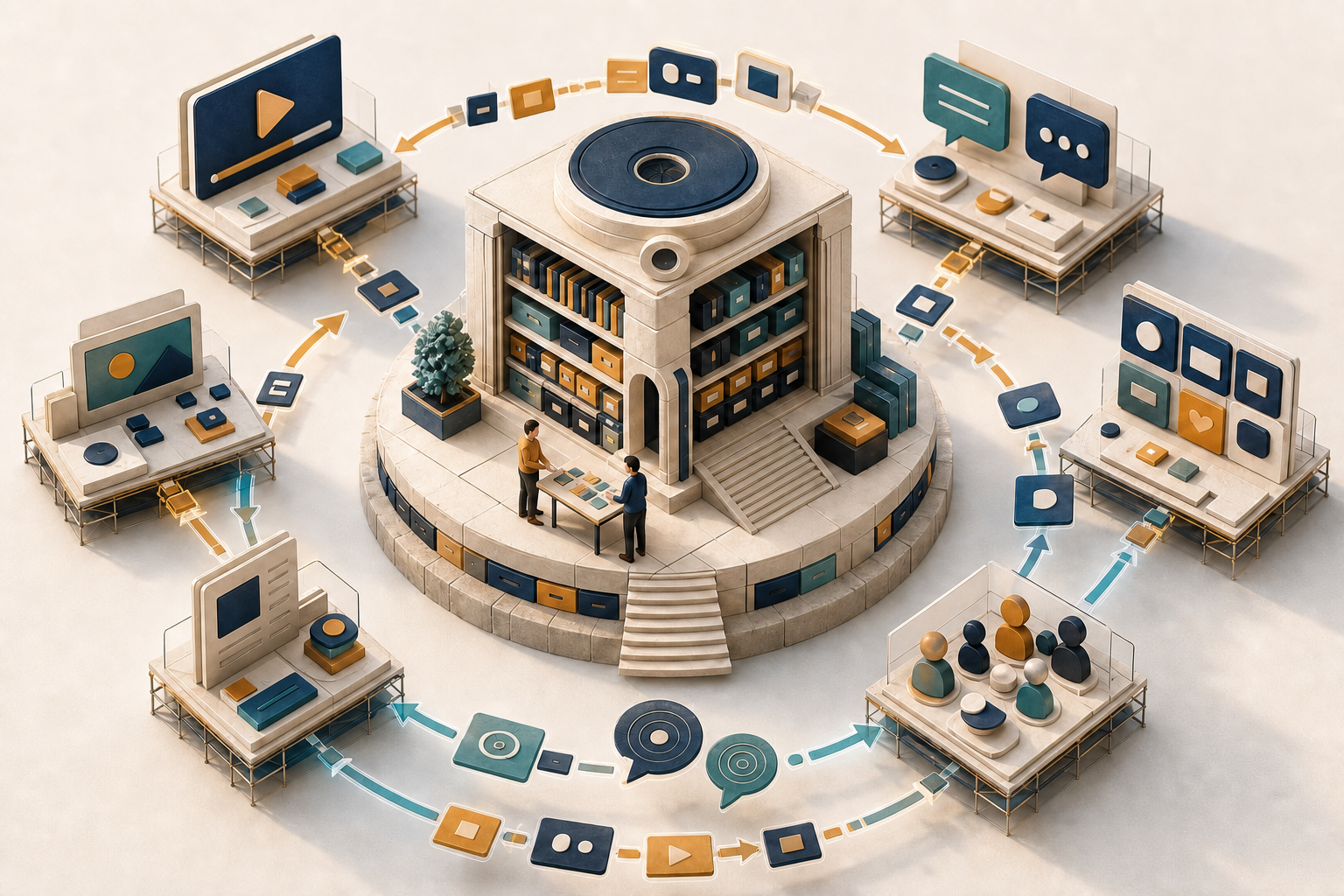 An isometric central content studio exchanges modular content and audience signals with several smaller publishing platforms in a circular loop.