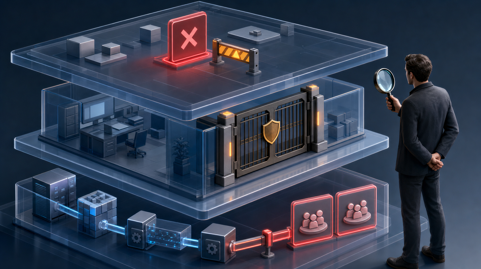 An analyst inspects three separate enforcement layers representing an ad rejection, an account restriction, and a duplicate API resource error.