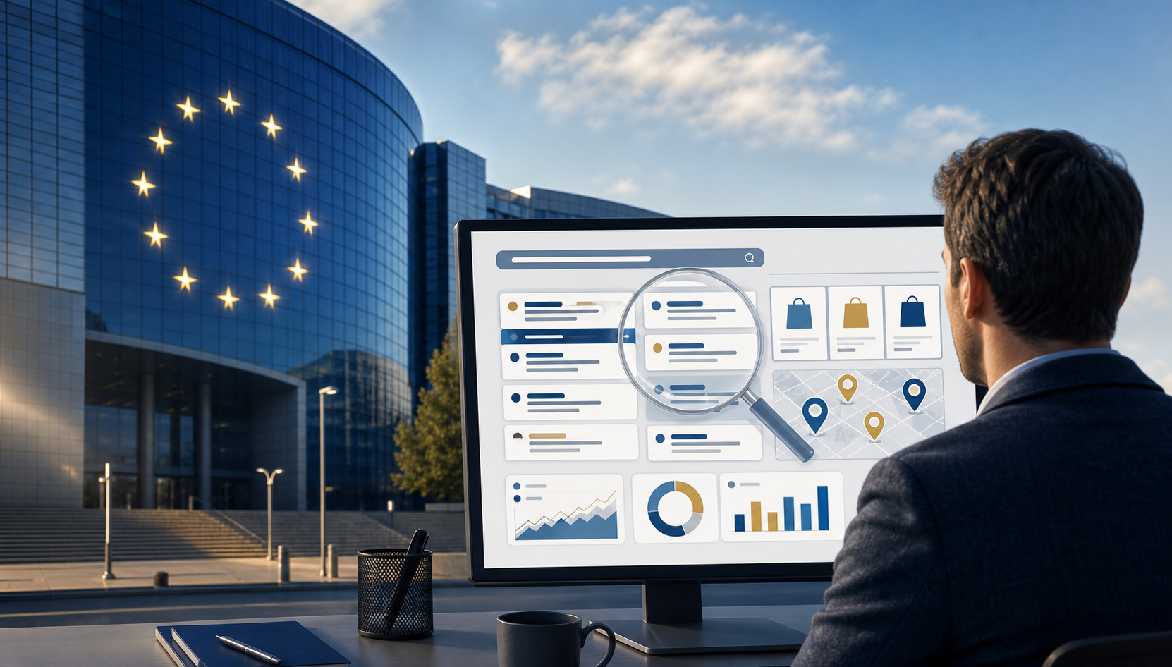 A marketing analyst reviews abstract search-result modules while a magnifying glass and a European institutional setting symbolize regulatory scrutiny.
