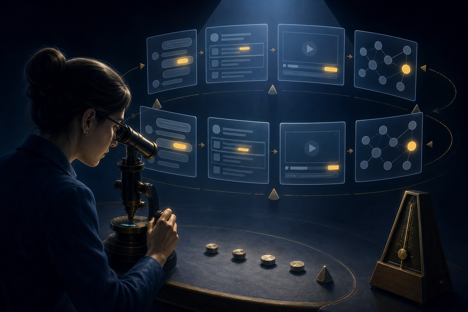 A researcher repeatedly examines conversational, search, video, and discussion interfaces through a monitoring instrument under focused light.
