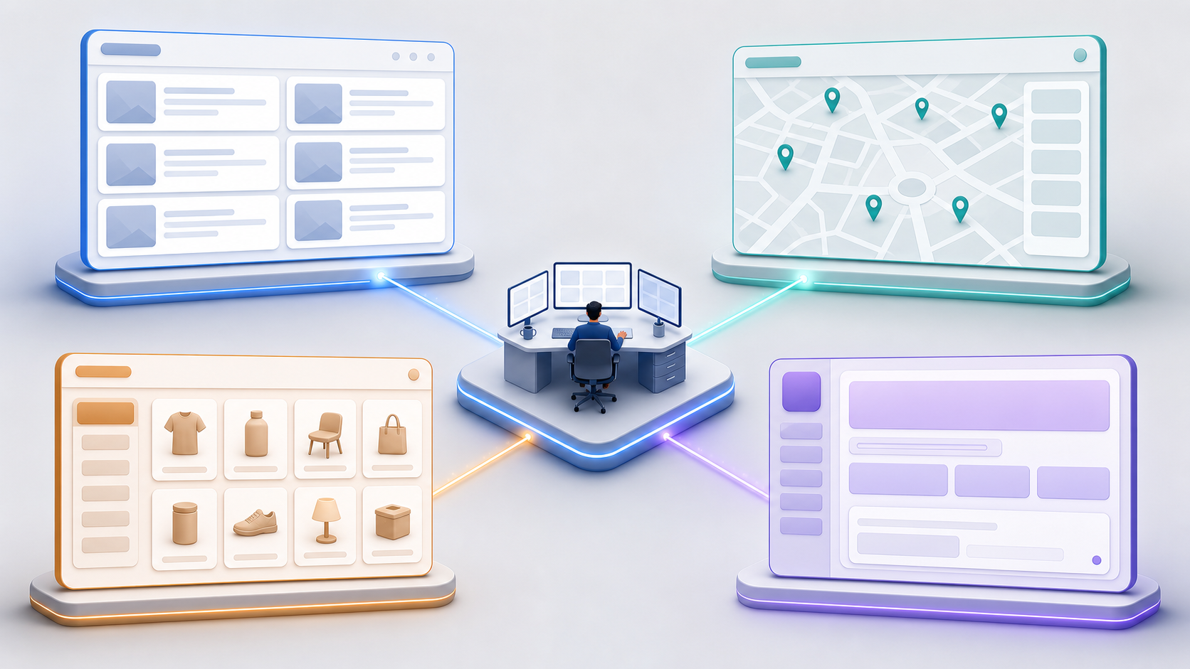 Four abstract search interfaces show web results, local listings, product discovery, and an AI-style answer panel around a central workstation.