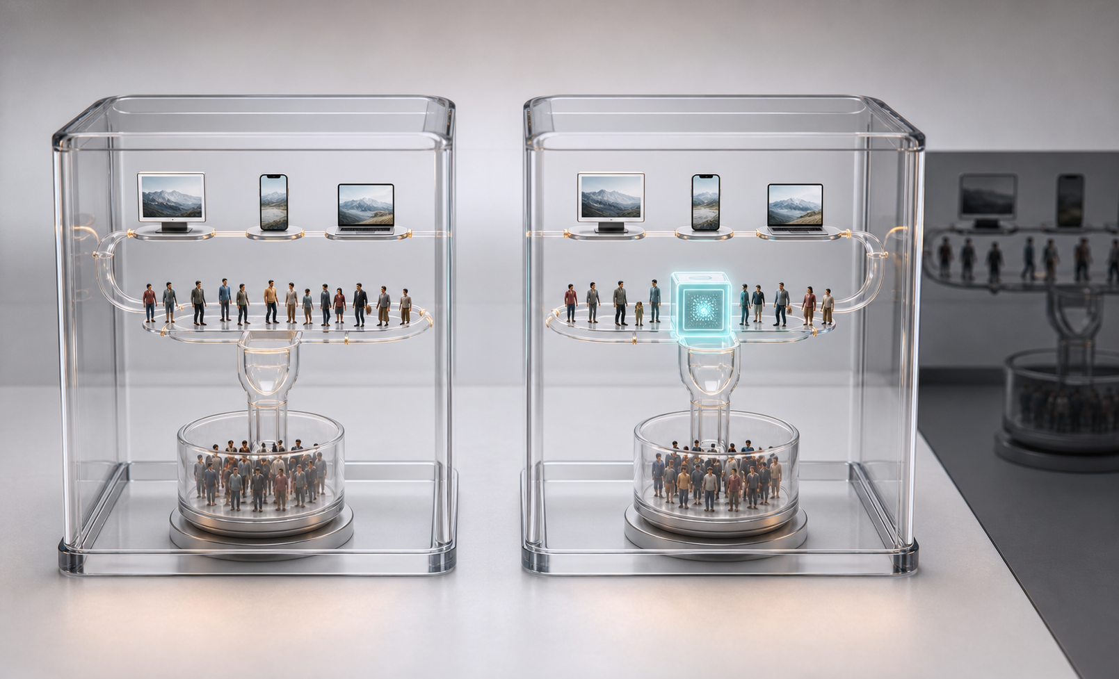 Two matching transparent chambers compare conventional and AI-assisted marketing routes under controlled conditions.