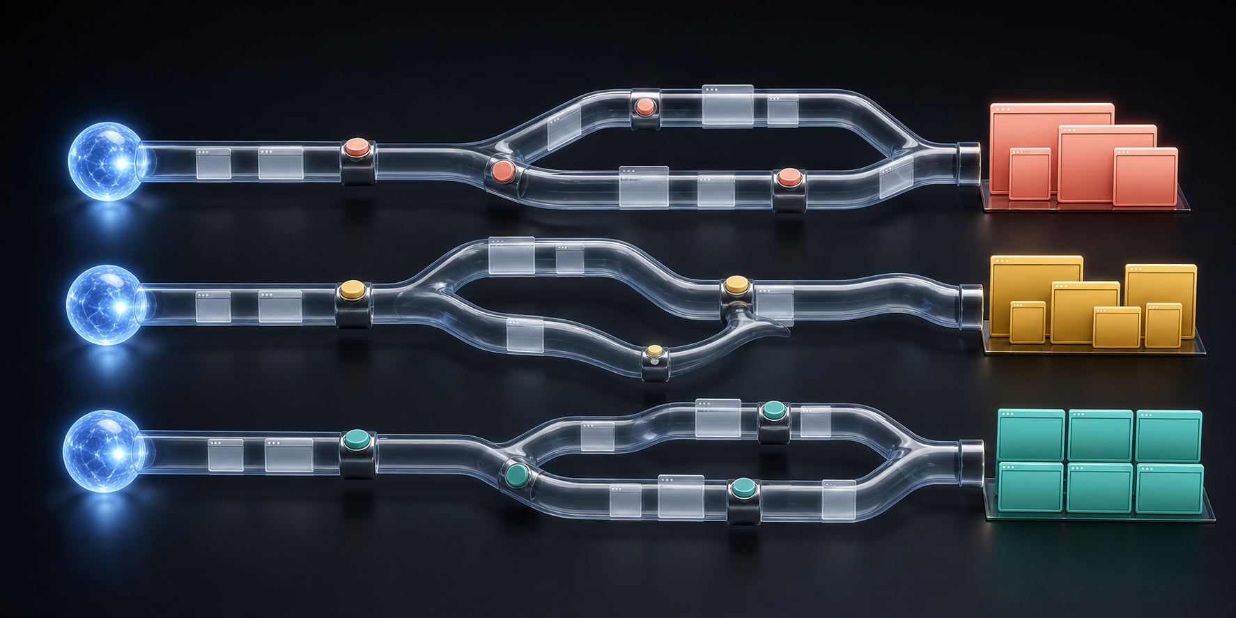 Three identical inputs move through different branching retrieval paths and produce different sets of source cards.