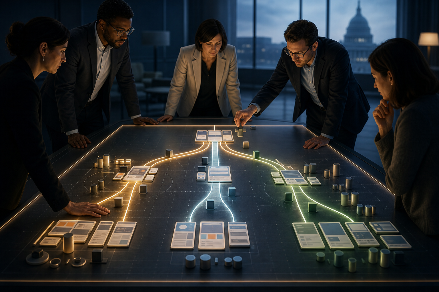 A strategy team examines three branching, unlabeled search-market scenarios on an illuminated planning table.