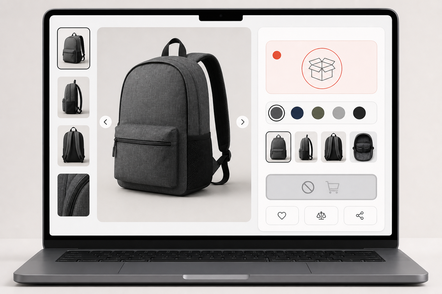 A laptop product panel shows a visible but inactive purchase button beside an empty-box status icon.