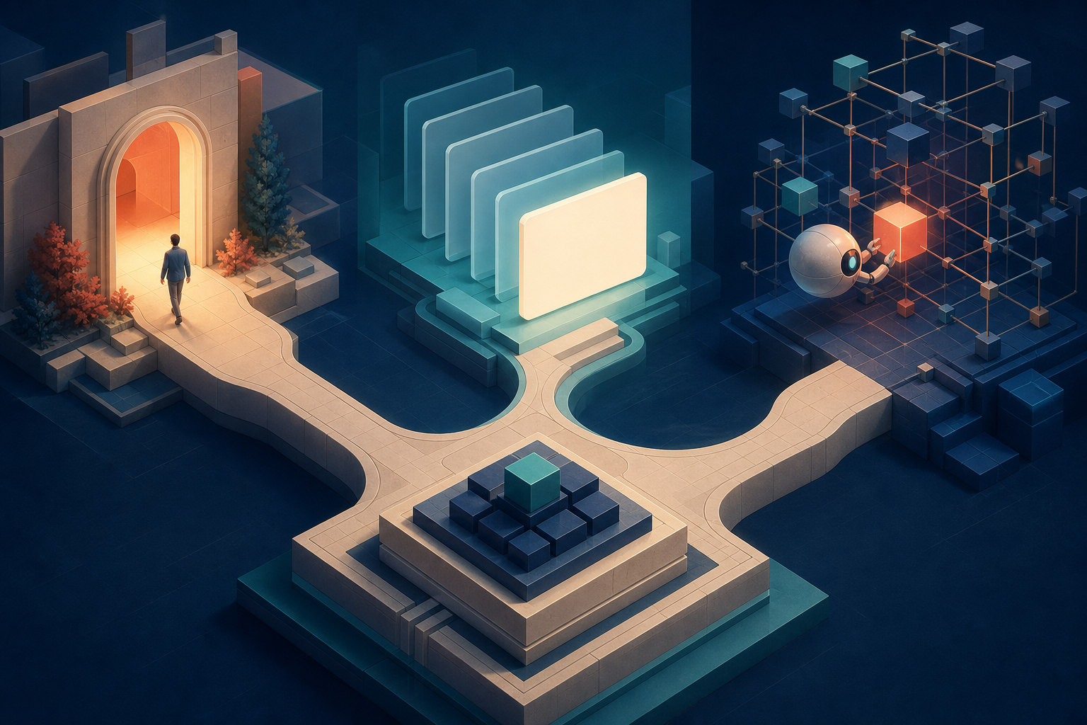 Three paths from one digital foundation lead toward a human visitor, an abstract search result, and an autonomous agent retrieving information.