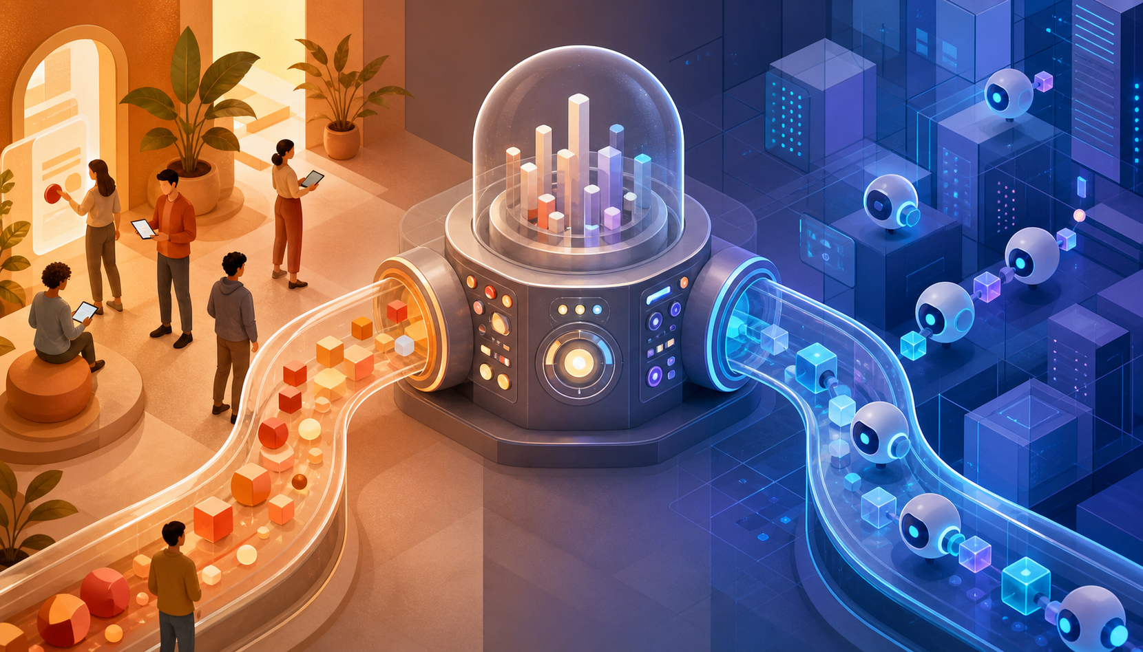 People and abstract software agents move through separate warm- and cool-colored channels toward an unlabeled measurement console.
