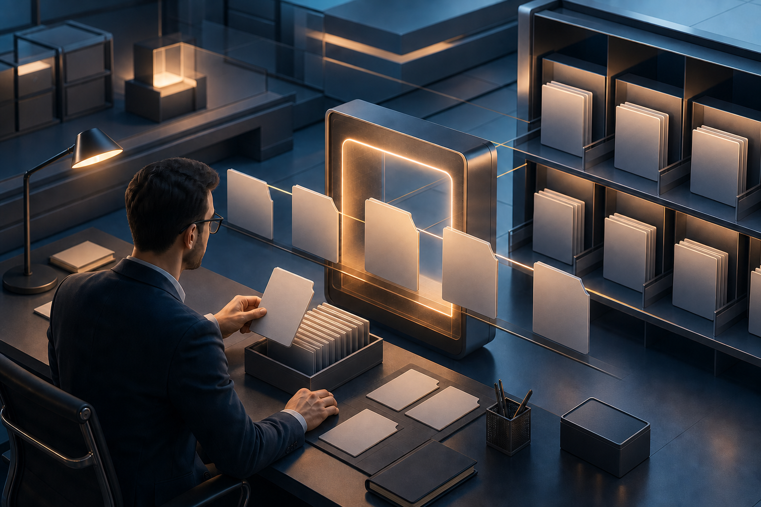 An analyst verifies generic digital records as they move from an organized archive through a glowing validation frame.