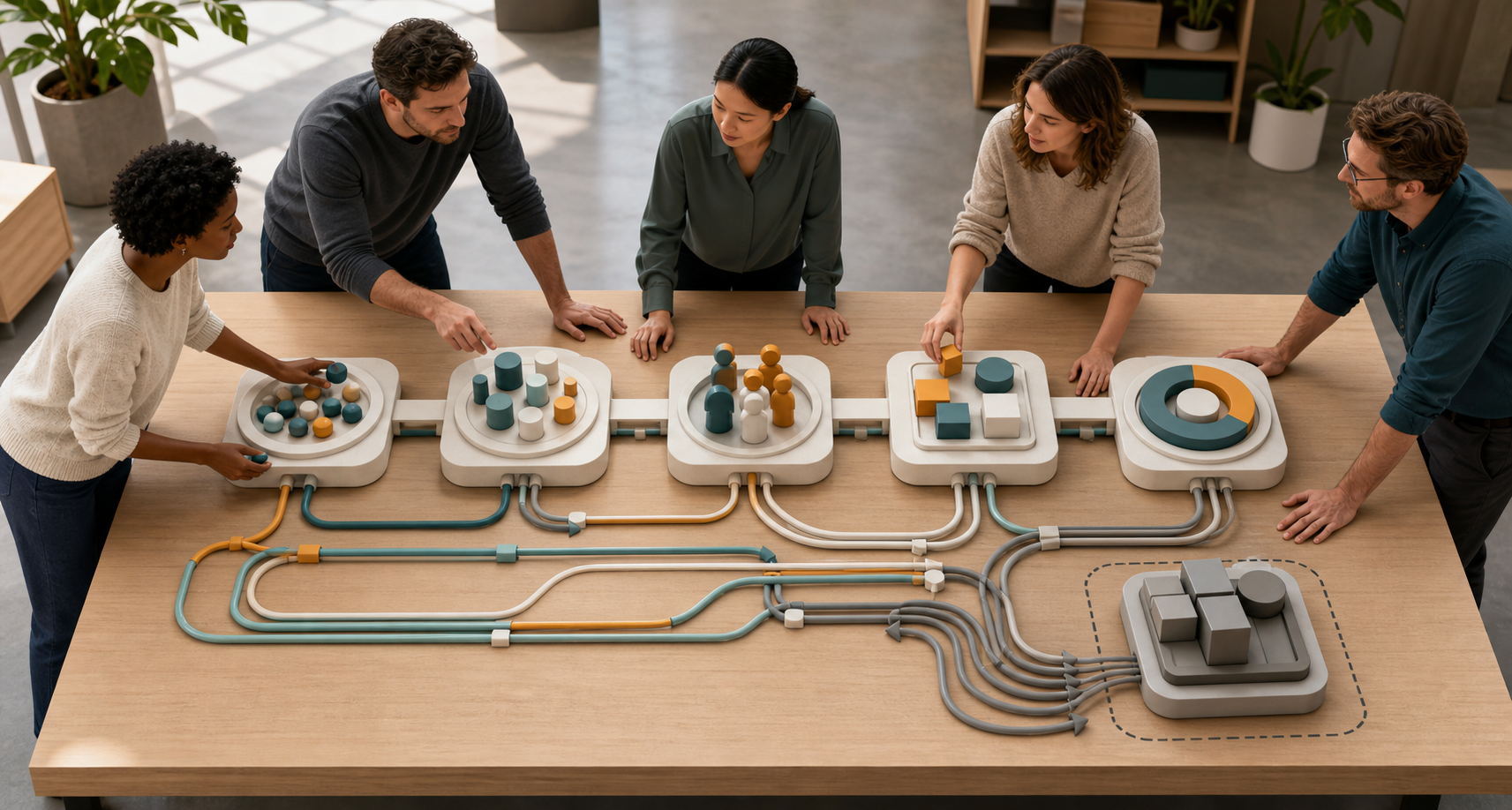 A team reroutes connected workflow modules around an obsolete component on a collaborative planning table.