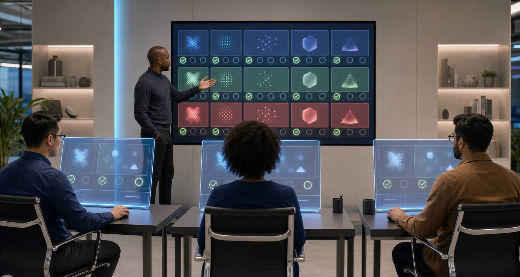 A team evaluates an artificial intelligence system at parallel workstations using abstract result panels in a modern testing studio.