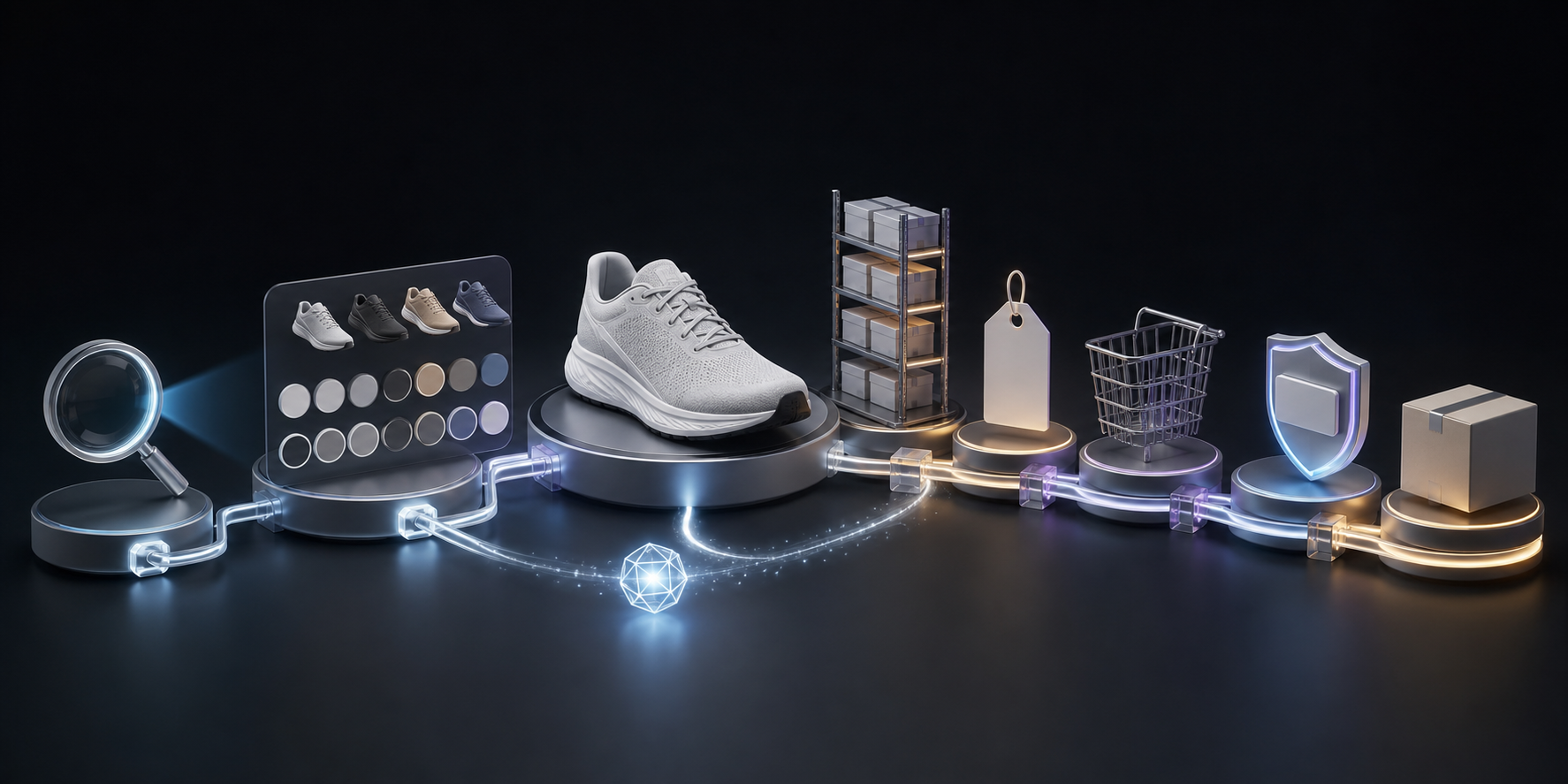An unbranded running shoe and its variants move through connected visual stages for discovery, inventory, pricing, basket, payment, and fulfillment.