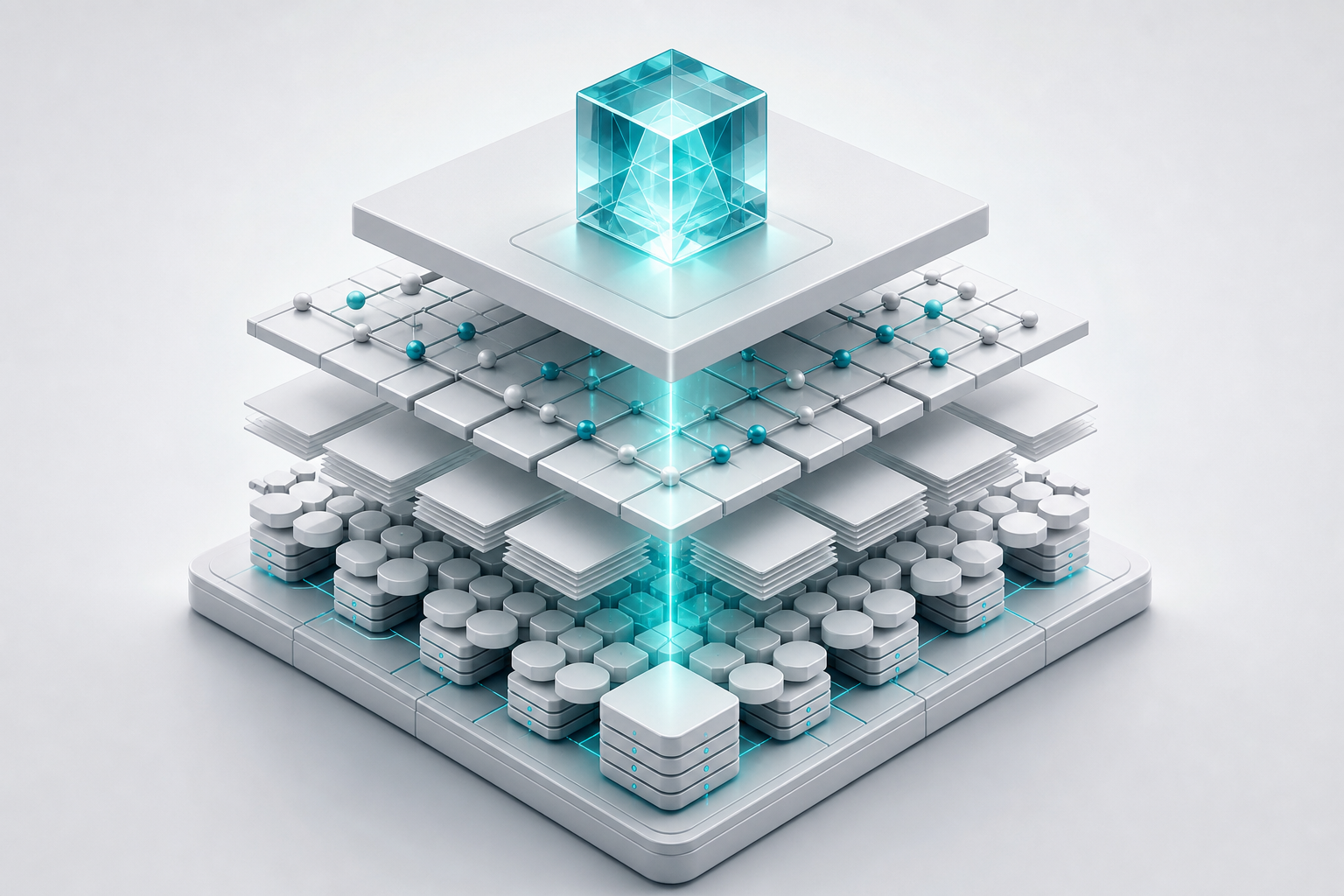 Organized layers of connected data tiles and document shapes form a foundation beneath a clear crystalline answer object.