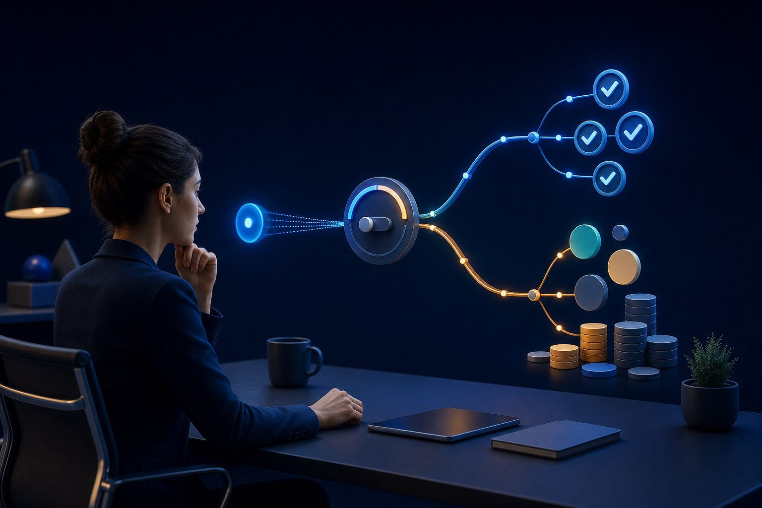 A marketing analyst views an abstract automated bidding interface that branches toward completed actions and value tokens.