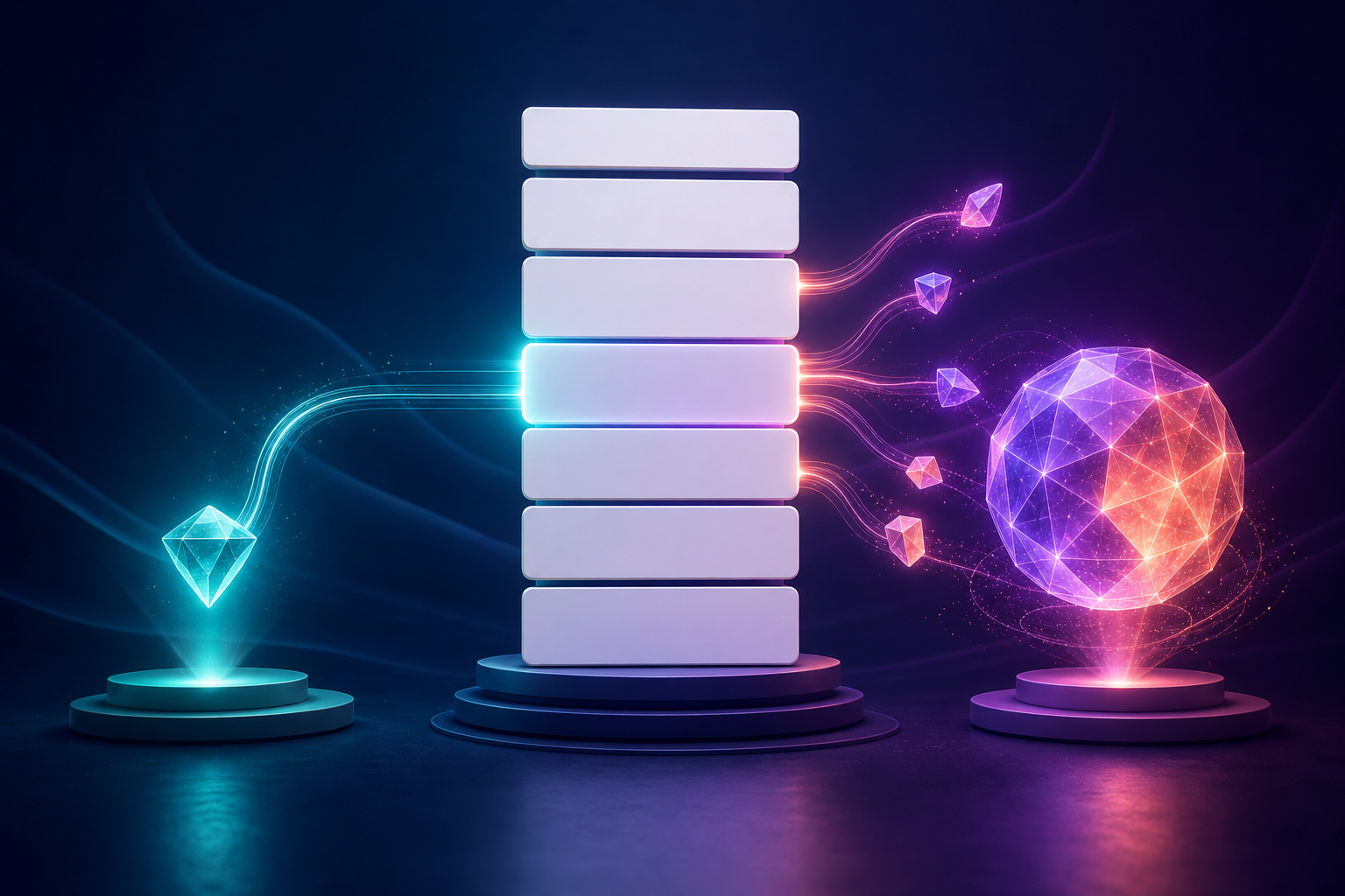 Two illuminated paths lead from the same structured page, one to a single concise answer and the other to a multifaceted synthesis.