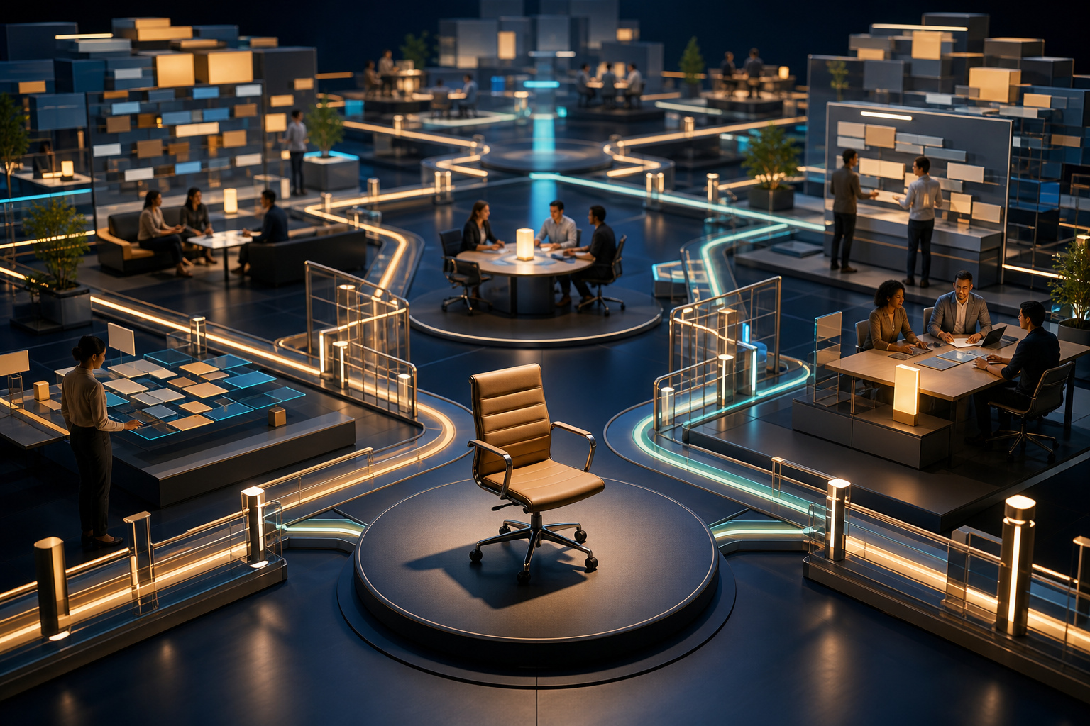 An empty central chair surrounded by connected teams, review gates, and modular web-production pathways that continue operating without a single expert.