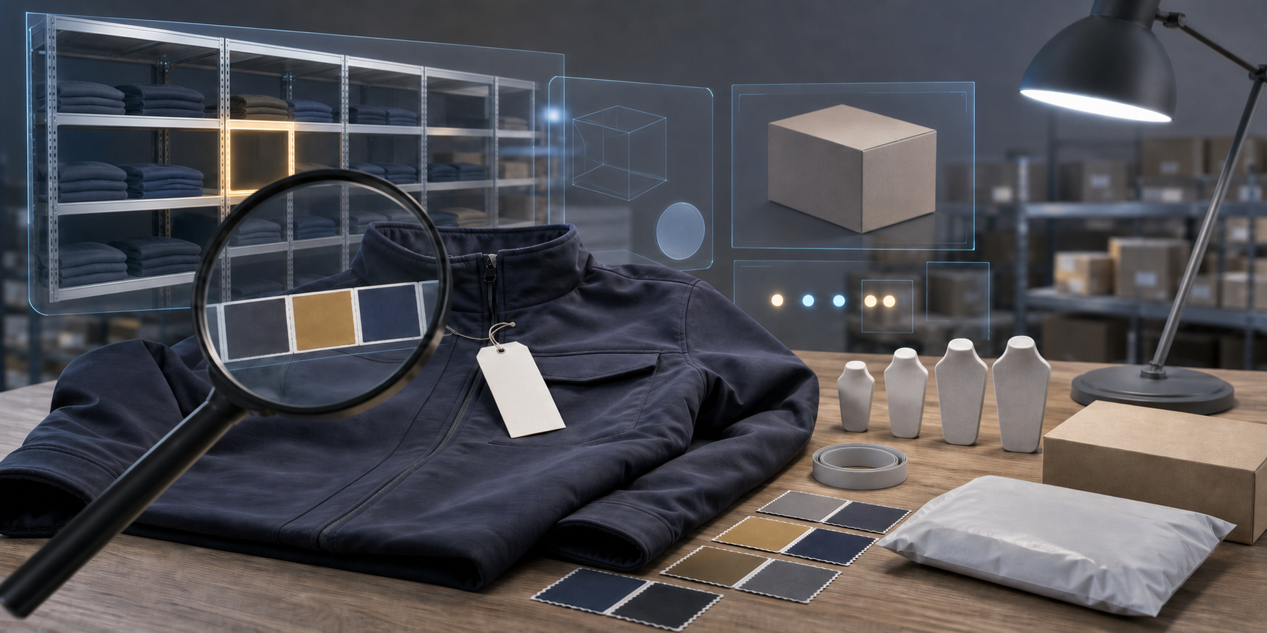 An unbranded jacket, variant swatches, packaging, inventory objects, and a magnifying lens are arranged for a detailed product data audit.