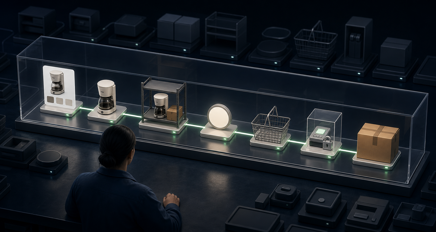 A coffee maker follows one illuminated path through catalog, inventory, basket, payment, and delivery modules while unused modules remain dark.