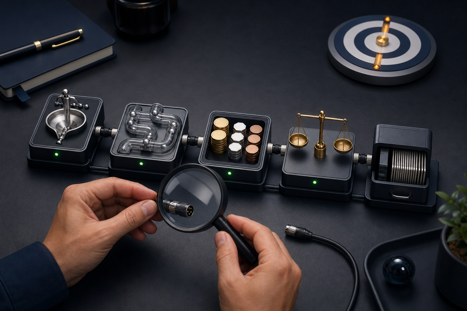 Hands inspect connected tracking, value, margin, and history modules before adjusting a campaign target dial.