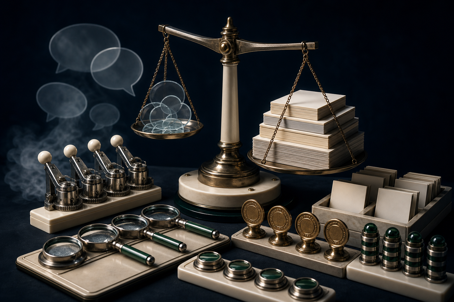 A balance scale weighs tangible audit artifacts and control tokens against empty translucent shapes on a governance workbench.