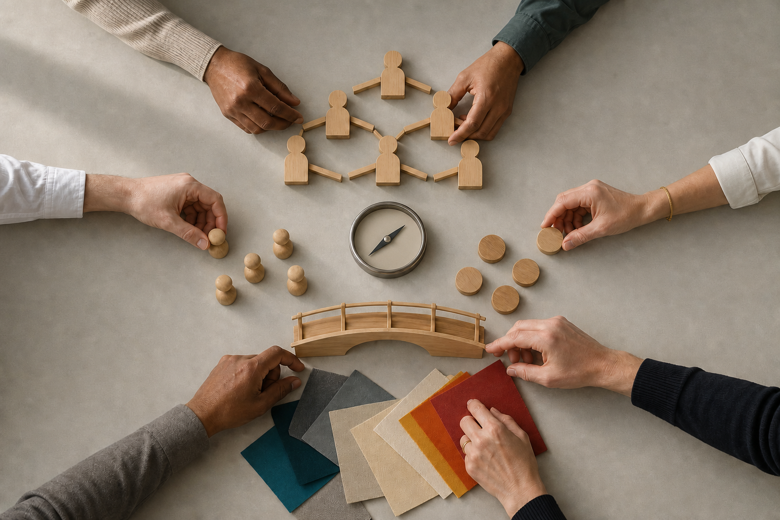 Executives arrange a compass, wooden pieces, relationship tokens, a bridge model, and creative swatches during a leadership planning workshop.
