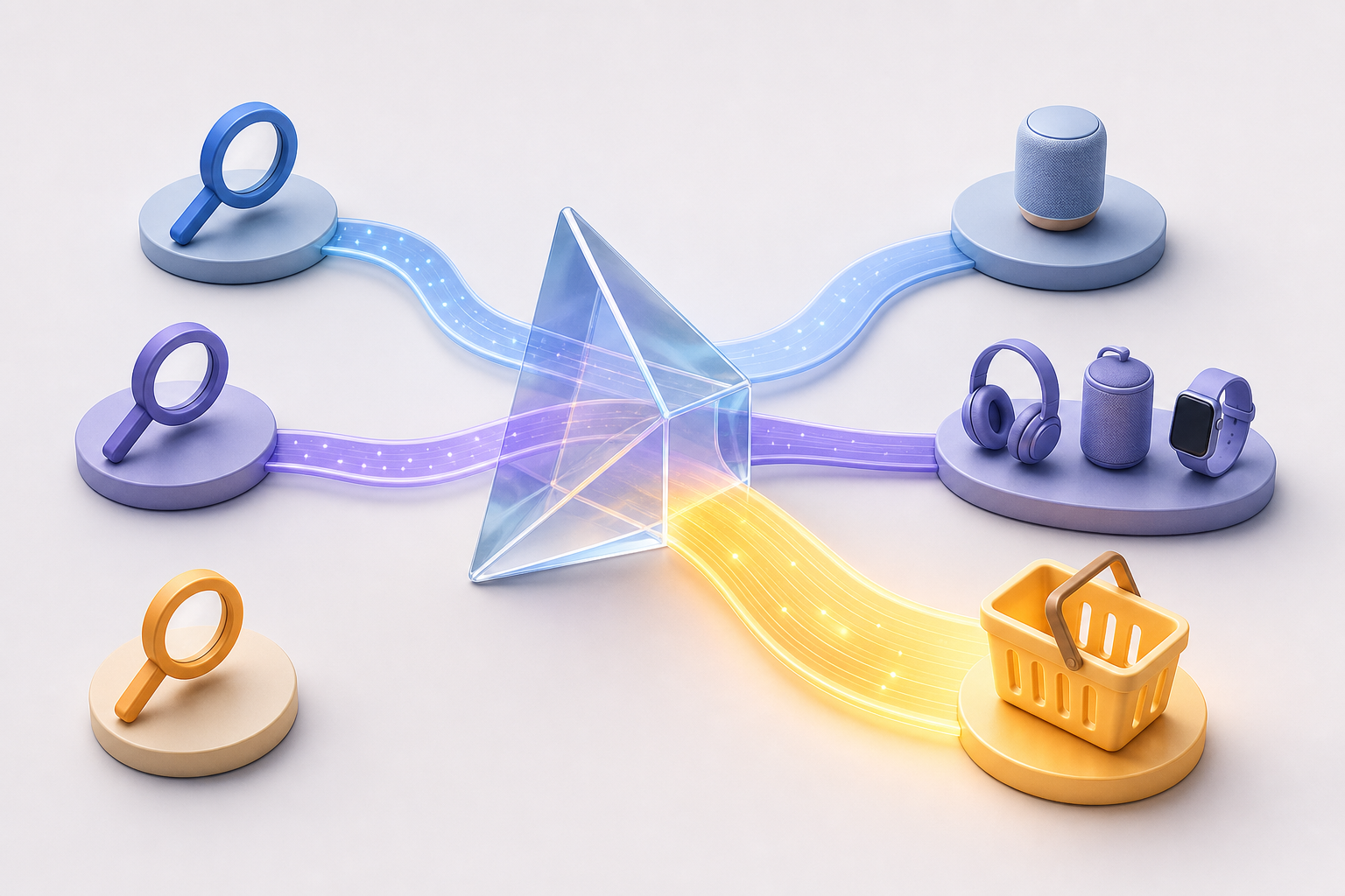 Three search pathways pass through a translucent AI layer, leading to a single product, a product comparison, and a shopping basket.