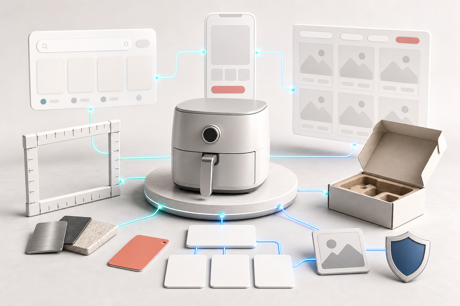 A generic countertop appliance is surrounded by dimension, material, packaging, warranty, and image symbols connected to blank search and storefront panels.