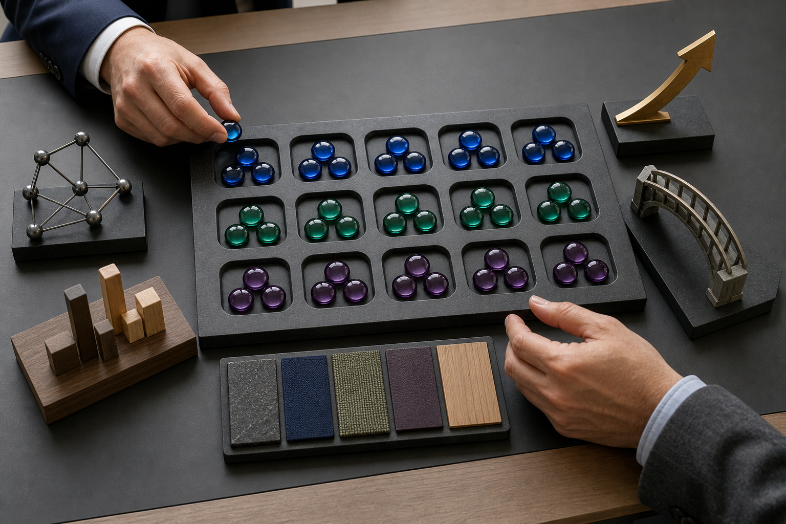 A search professional and an agency executive sort colored tokens among unlabeled compartments beside objects representing leadership evidence.