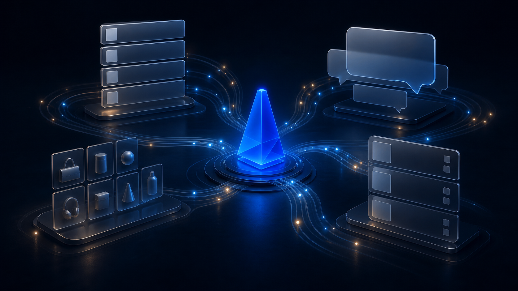A glowing blue geometric beacon is surrounded by branching paths leading through blank search, conversation, shopping, and discovery panels.