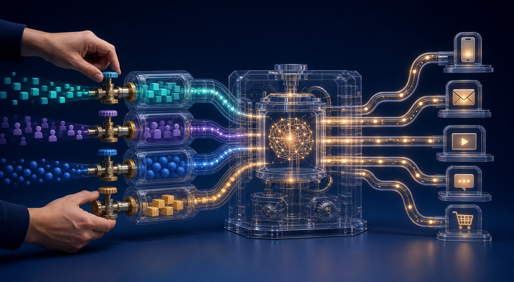 A conceptual advertising system with human-adjusted controls guiding conversion, inventory, audience, and timing signals into an automated decision engine.