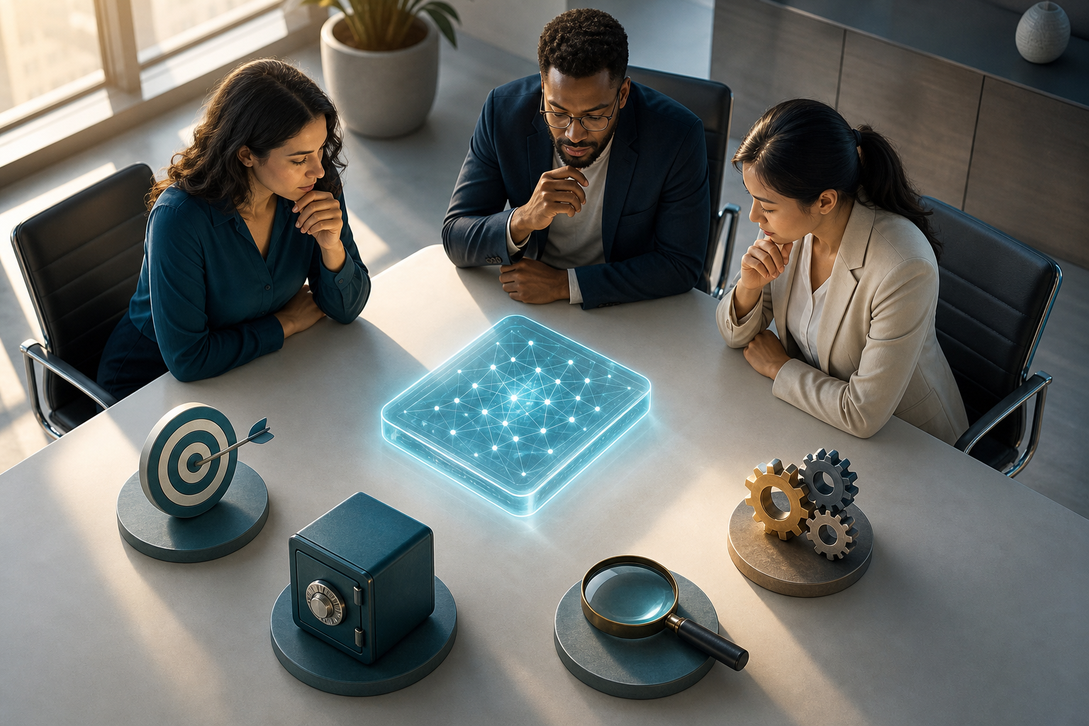 Three marketing professionals assess a glowing digital tool surrounded by symbols for goals, evidence, data security and implementation.