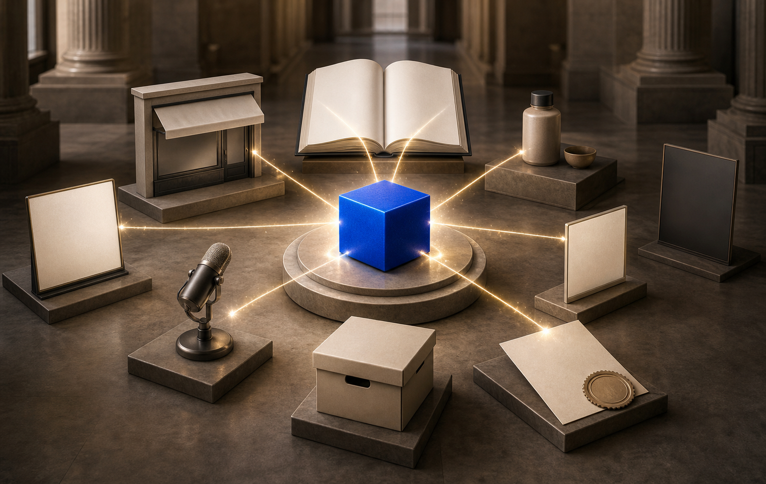 Independent reference, storefront, product, document, microphone, archive, and publisher objects illuminate a blue object at the center of a connected network.