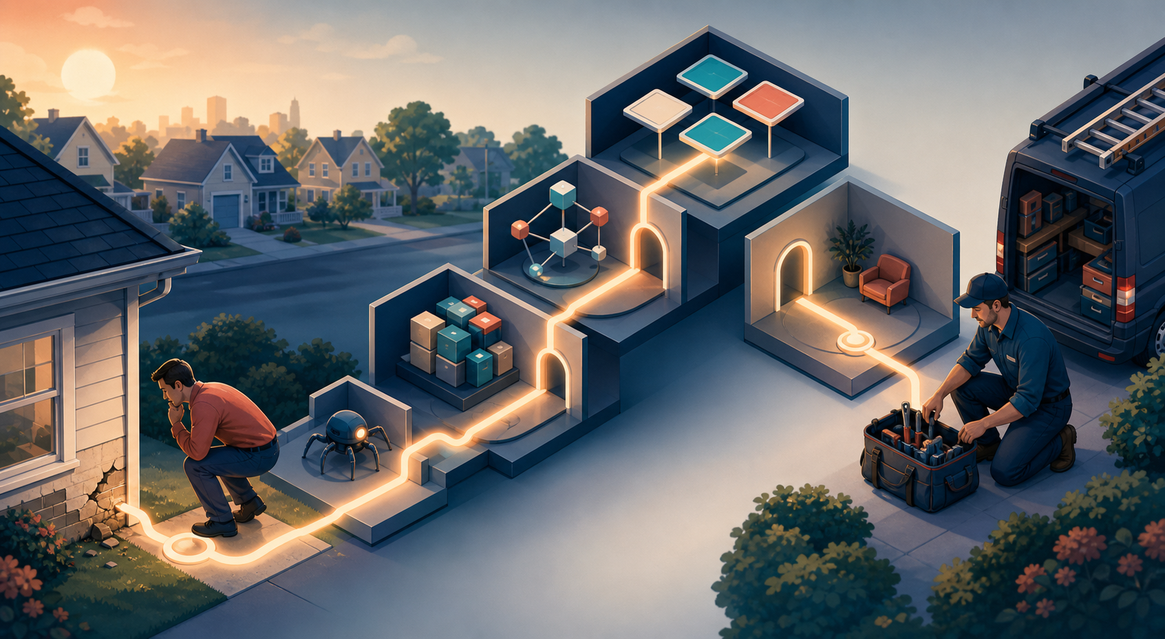 A homeowner's path to a local service professional passes through an illustrated network of connected web pages.